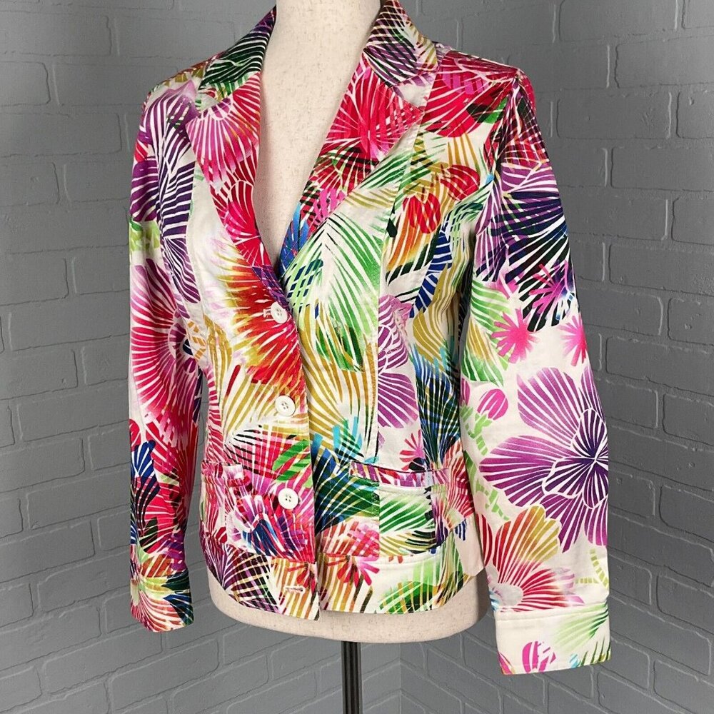 Chicos Jacket Women 0‎ Small 4-6 Pink Purple Palm Floral Beach Tropical Cotton
